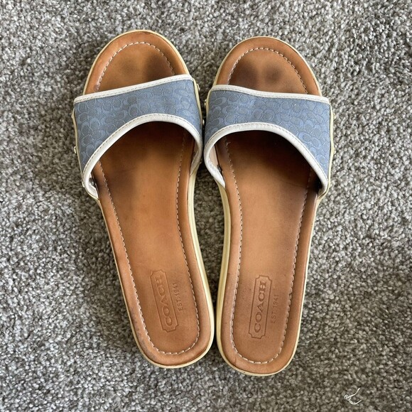 Coach Augusta Slides Womens Size 8 M Blue  Flat Sandals Leather Canvas Monogram - Picture 4 of 11